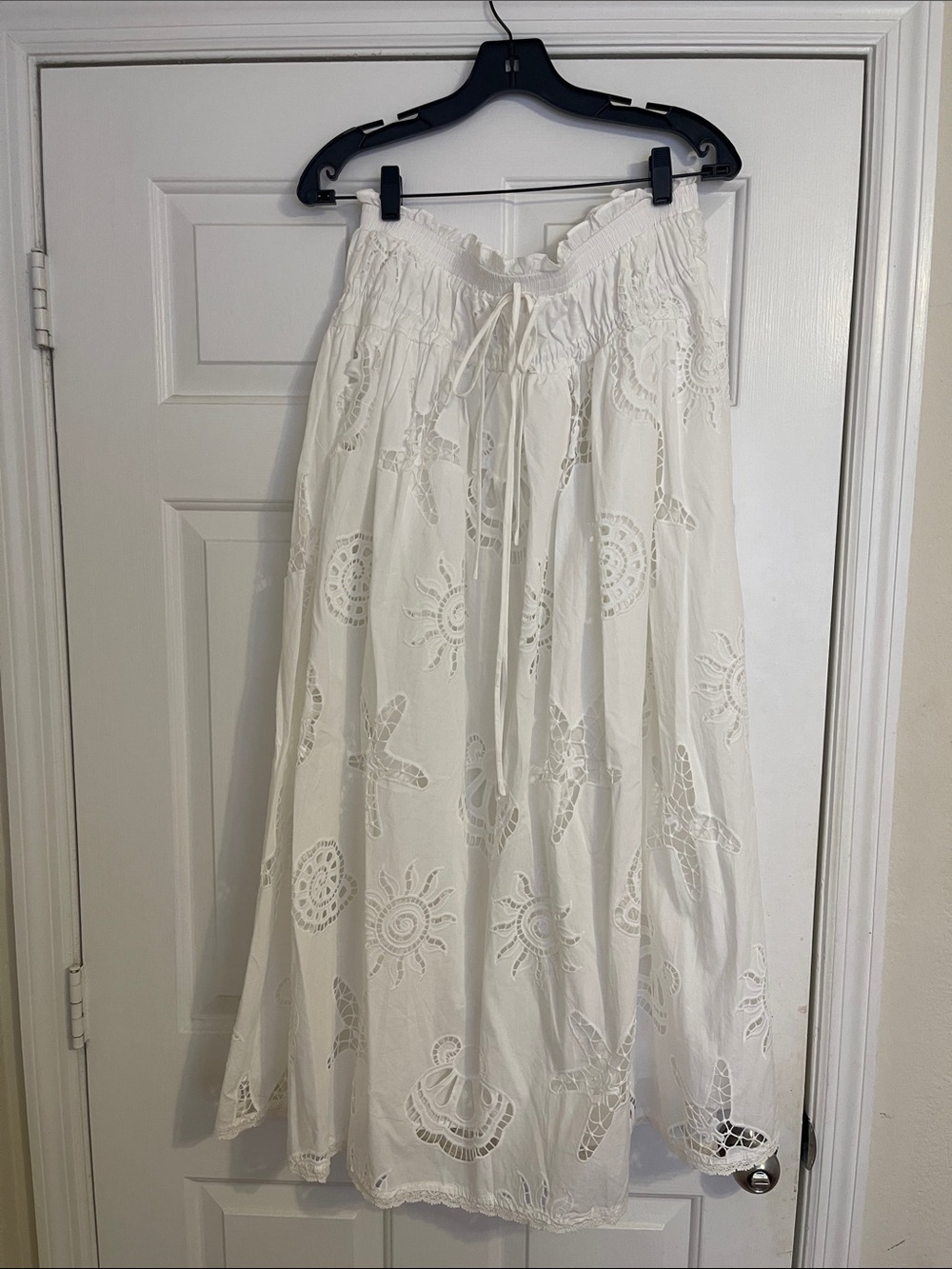 White Eyelet Sea Shell and Sun Maxi Skirt with Drawstring Waist